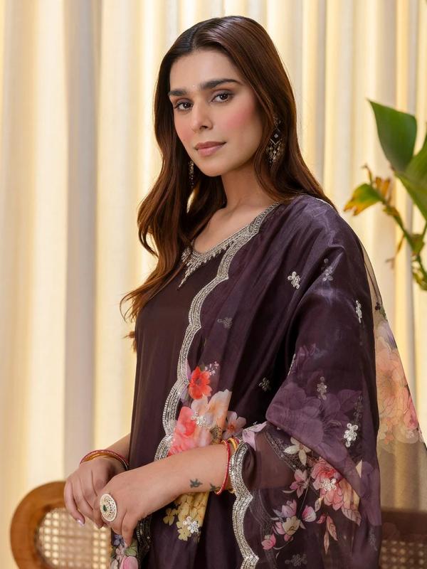 VP 9813 C Coffee Embroidred Kurta Sets with Sequins Work Women Suits